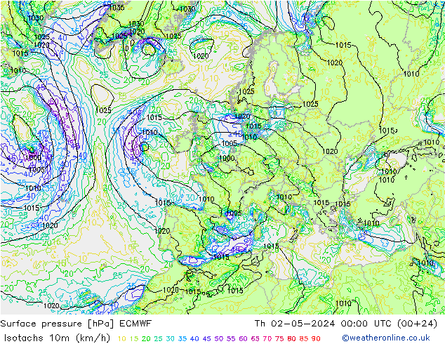 Isotachen (km/h) ECMWF do 02.05.2024 00 UTC