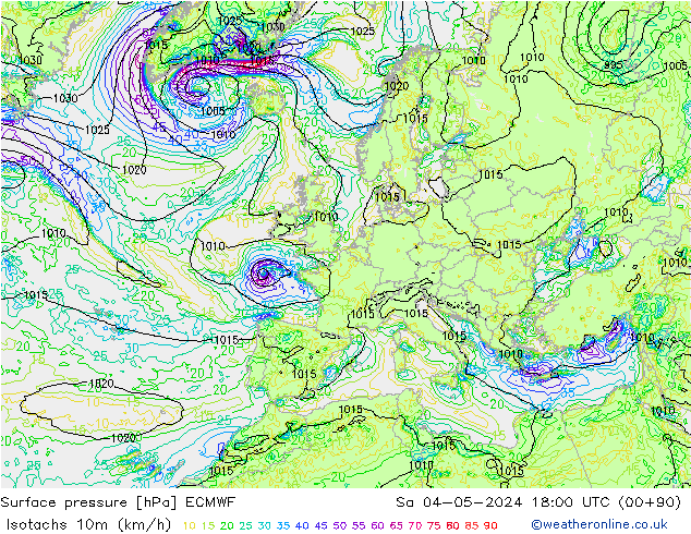 Isotachs (kph) ECMWF Sa 04.05.2024 18 UTC