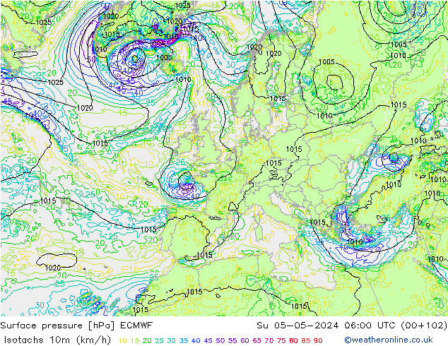 Isotachs (kph) ECMWF Su 05.05.2024 06 UTC