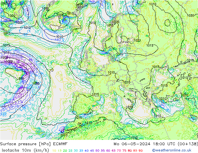 Isotachs (kph) ECMWF пн 06.05.2024 18 UTC