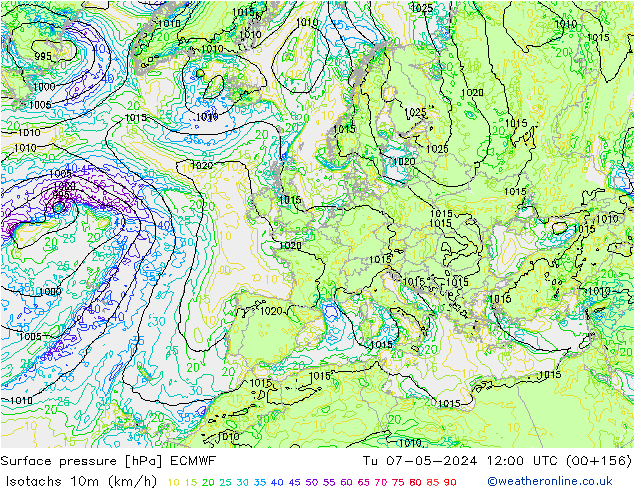 Eşrüzgar Hızları (km/sa) ECMWF Sa 07.05.2024 12 UTC