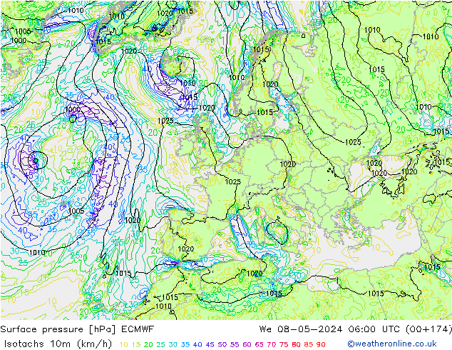 Isotachen (km/h) ECMWF Mi 08.05.2024 06 UTC