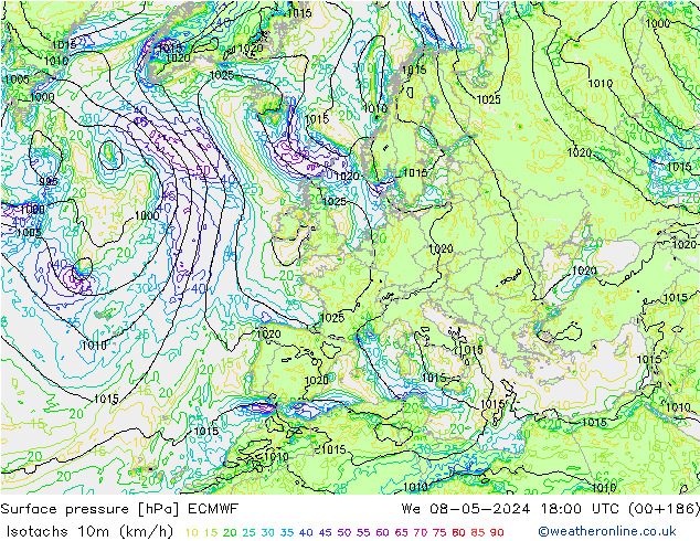 Isotachen (km/h) ECMWF Mi 08.05.2024 18 UTC