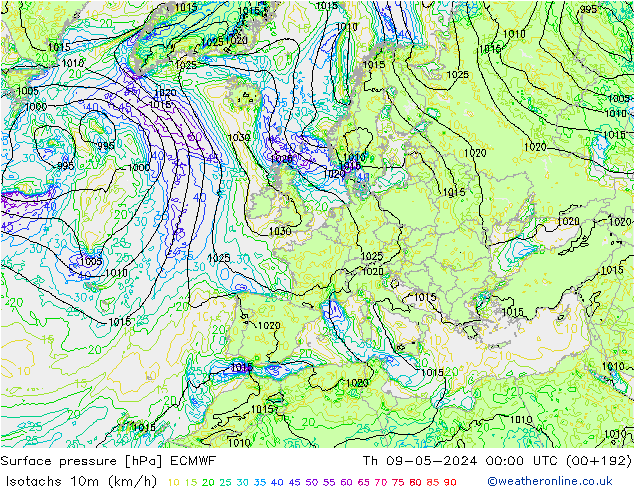 Isotachs (kph) ECMWF чт 09.05.2024 00 UTC