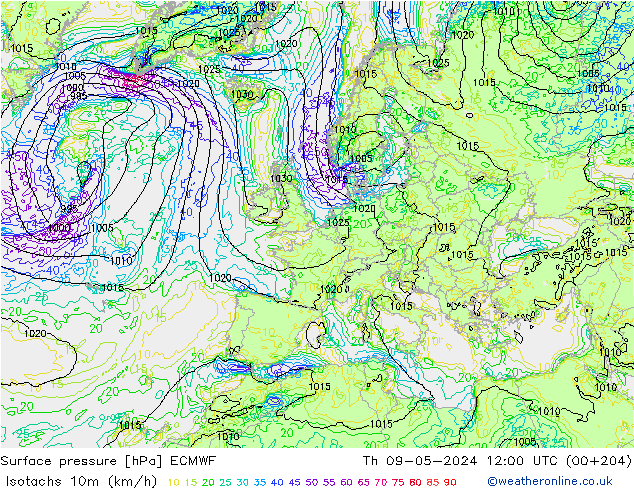 Isotachs (kph) ECMWF Th 09.05.2024 12 UTC