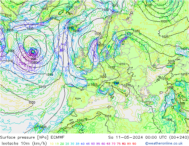 Isotachs (kph) ECMWF sab 11.05.2024 00 UTC