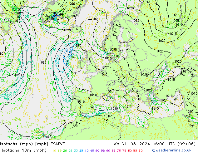 Isotachen (mph) ECMWF Mi 01.05.2024 06 UTC