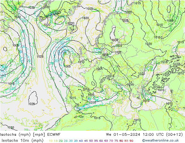 Isotachs (mph) ECMWF mer 01.05.2024 12 UTC