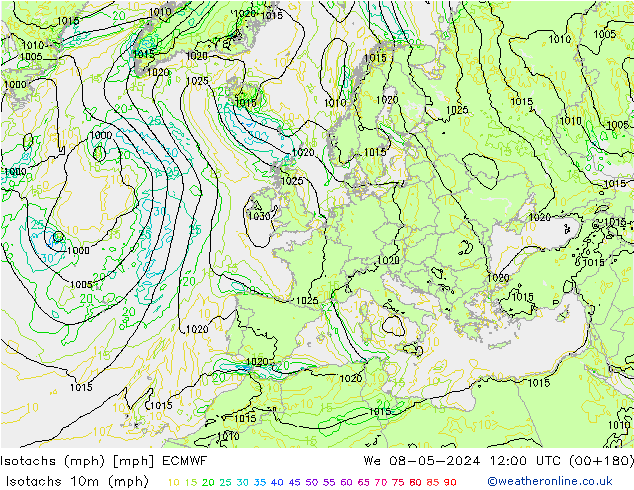 Isotachen (mph) ECMWF Mi 08.05.2024 12 UTC