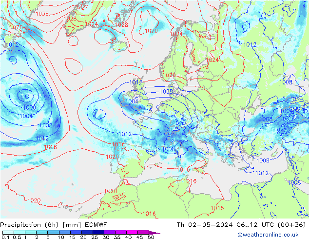 Z500/Rain (+SLP)/Z850 ECMWF Do 02.05.2024 12 UTC