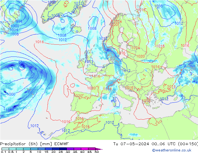 Precipitation (6h) ECMWF Tu 07.05.2024 06 UTC