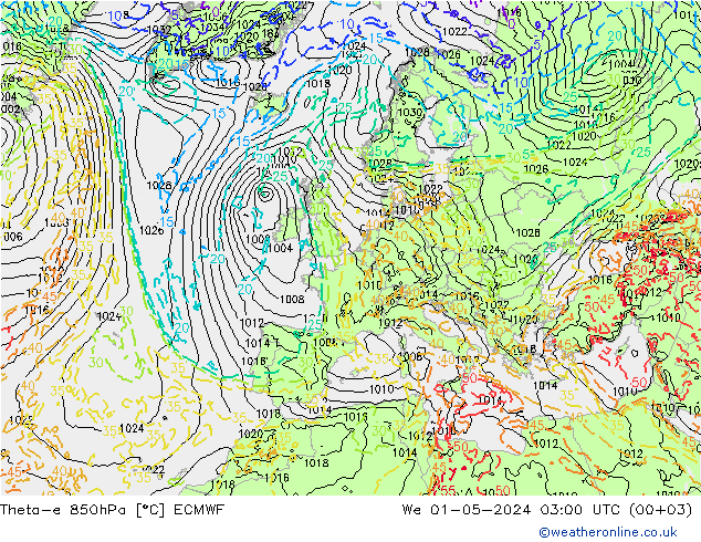 Theta-e 850hPa ECMWF Mi 01.05.2024 03 UTC