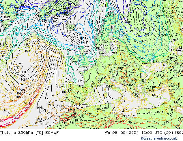 Theta-e 850hPa ECMWF Mi 08.05.2024 12 UTC