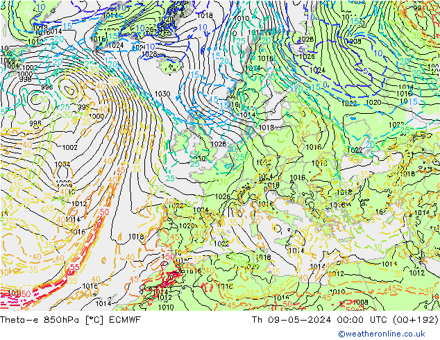 Theta-e 850hPa ECMWF jeu 09.05.2024 00 UTC