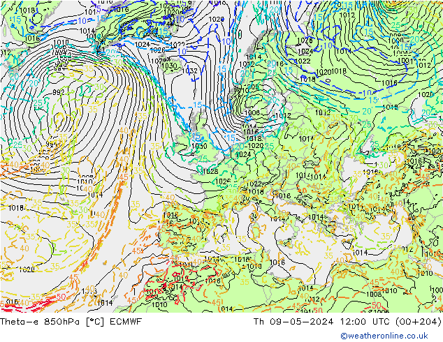 Theta-e 850гПа ECMWF чт 09.05.2024 12 UTC