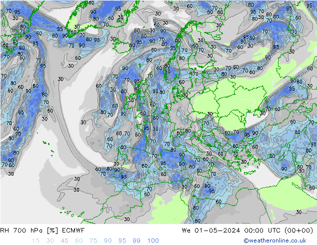 RH 700 hPa ECMWF We 01.05.2024 00 UTC