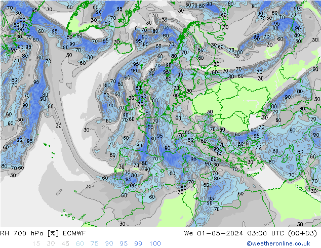 RH 700 hPa ECMWF Mi 01.05.2024 03 UTC