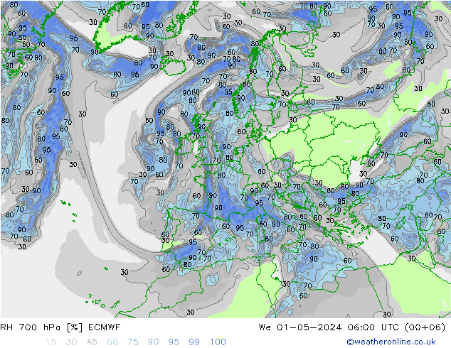 RH 700 hPa ECMWF We 01.05.2024 06 UTC