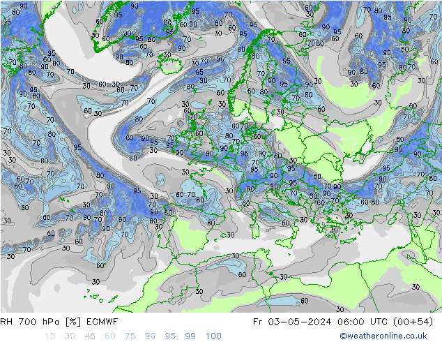 RH 700 hPa ECMWF Fr 03.05.2024 06 UTC