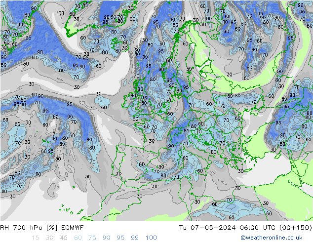 RH 700 hPa ECMWF Tu 07.05.2024 06 UTC