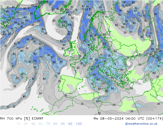 RH 700 hPa ECMWF Mi 08.05.2024 06 UTC