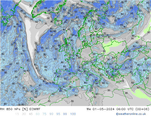 Humidité rel. 850 hPa ECMWF mer 01.05.2024 06 UTC