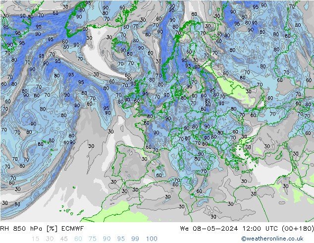 Humidité rel. 850 hPa ECMWF mer 08.05.2024 12 UTC