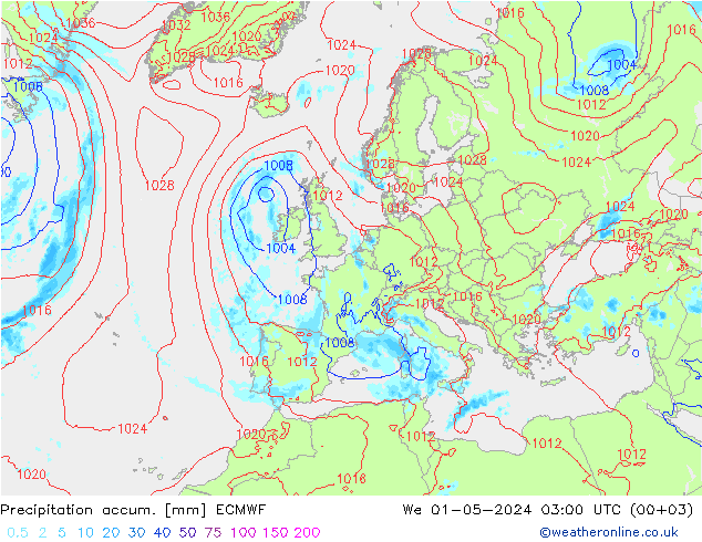 Precipitation accum. ECMWF We 01.05.2024 03 UTC