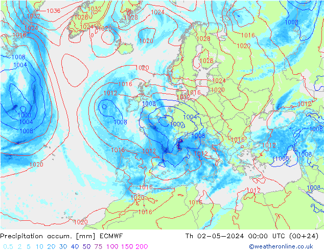 Precipitation accum. ECMWF Čt 02.05.2024 00 UTC