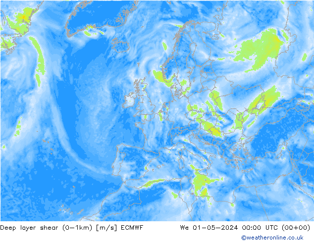 Deep layer shear (0-1km) ECMWF We 01.05.2024 00 UTC