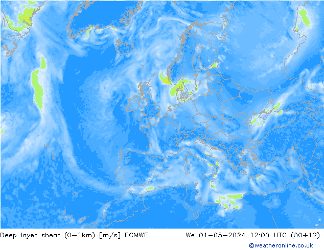 Deep layer shear (0-1km) ECMWF Mi 01.05.2024 12 UTC