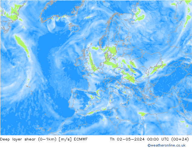 Deep layer shear (0-1km) ECMWF do 02.05.2024 00 UTC