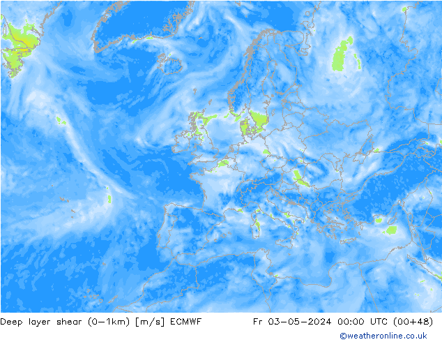 Deep layer shear (0-1km) ECMWF  03.05.2024 00 UTC