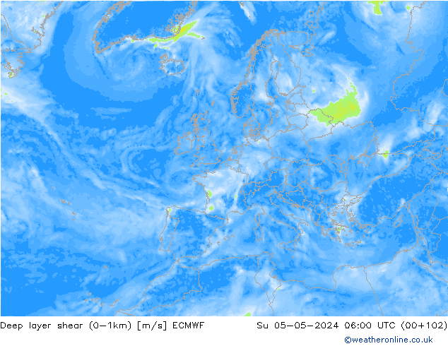 Deep layer shear (0-1km) ECMWF Ne 05.05.2024 06 UTC