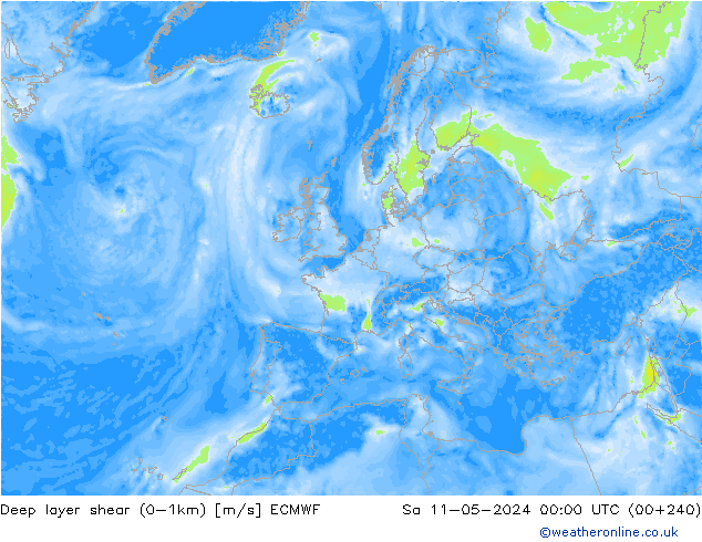 Deep layer shear (0-1km) ECMWF Sa 11.05.2024 00 UTC