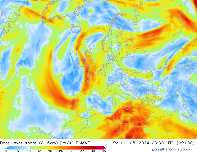 Deep layer shear (0-6km) ECMWF We 01.05.2024 00 UTC