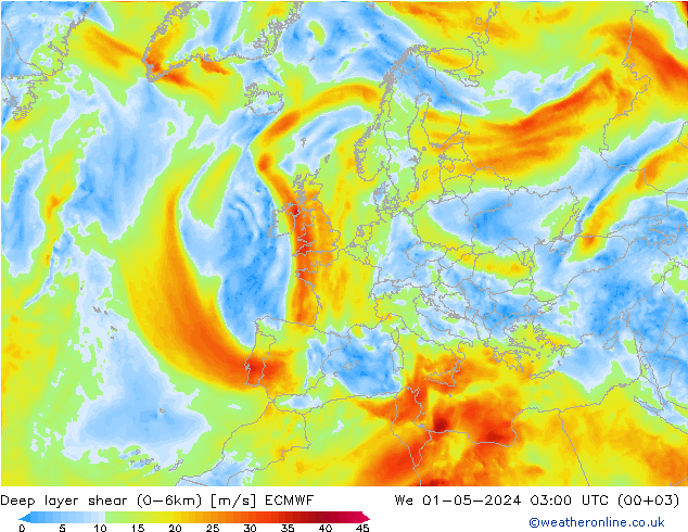 Deep layer shear (0-6km) ECMWF We 01.05.2024 03 UTC