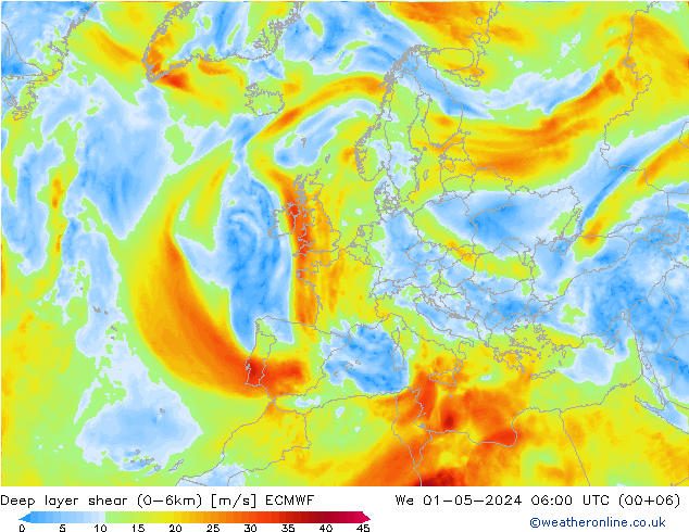 Deep layer shear (0-6km) ECMWF Mi 01.05.2024 06 UTC