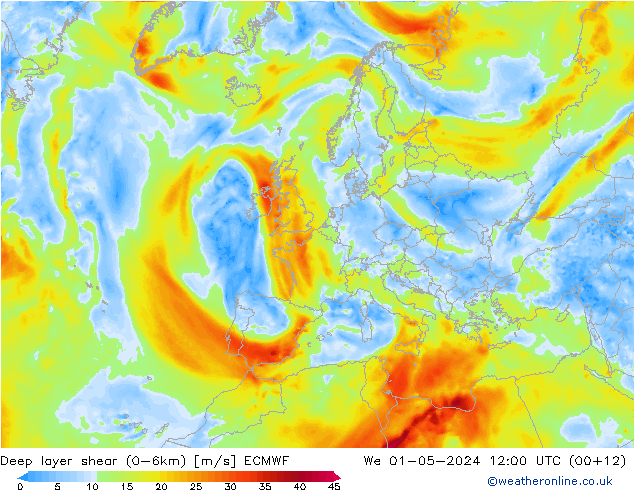 Deep layer shear (0-6km) ECMWF St 01.05.2024 12 UTC