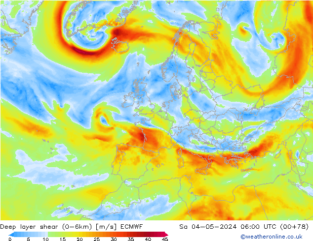 Deep layer shear (0-6km) ECMWF Sa 04.05.2024 06 UTC