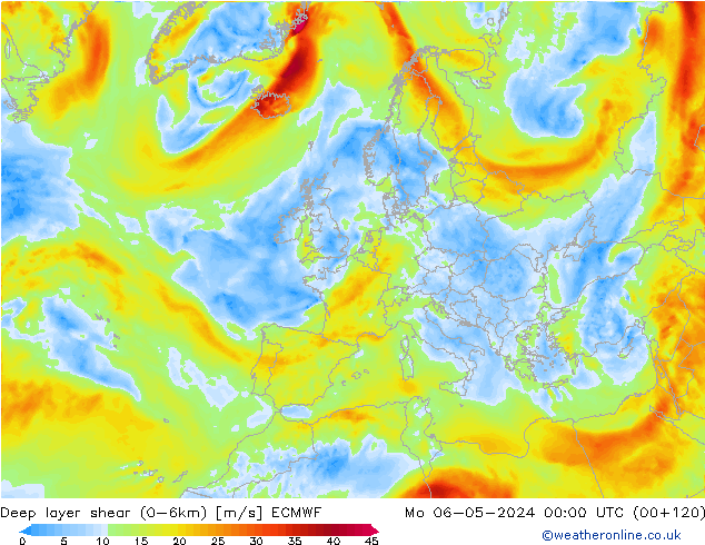 Deep layer shear (0-6km) ECMWF Mo 06.05.2024 00 UTC