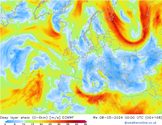 Deep layer shear (0-6km) ECMWF mer 08.05.2024 00 UTC