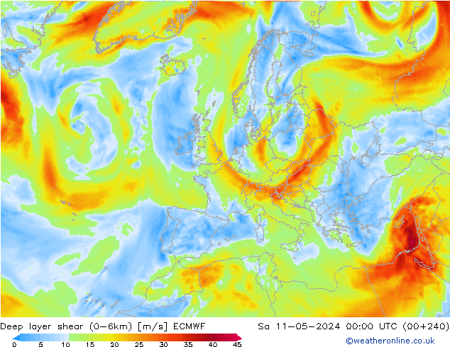 Deep layer shear (0-6km) ECMWF Sáb 11.05.2024 00 UTC