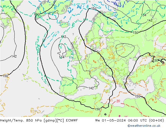 Z500/Rain (+SLP)/Z850 ECMWF Mi 01.05.2024 06 UTC