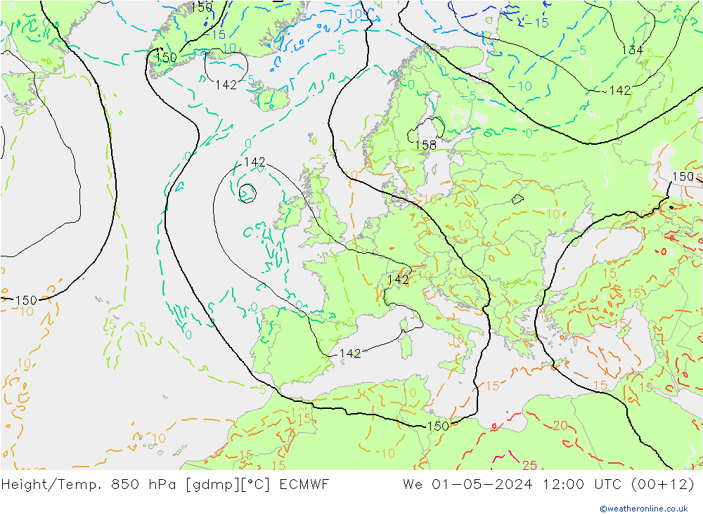 Z500/Rain (+SLP)/Z850 ECMWF Mi 01.05.2024 12 UTC