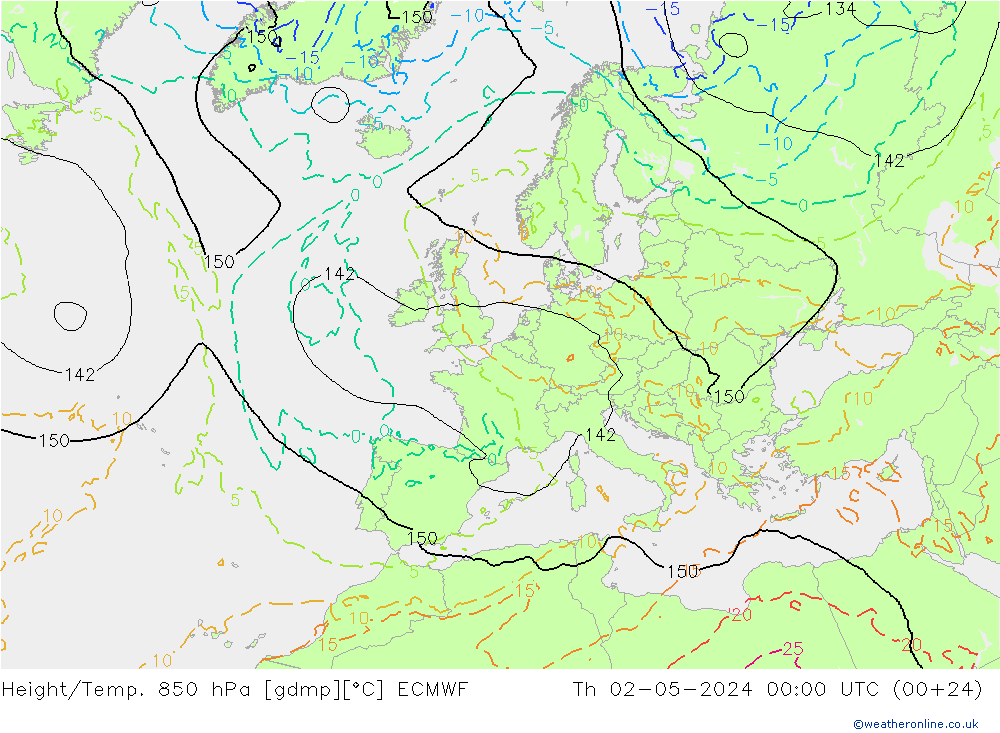 Height/Temp. 850 hPa ECMWF Qui 02.05.2024 00 UTC