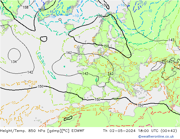 Height/Temp. 850 hPa ECMWF Th 02.05.2024 18 UTC