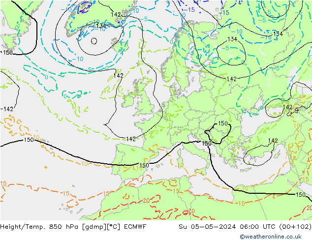 Z500/Yağmur (+YB)/Z850 ECMWF Paz 05.05.2024 06 UTC