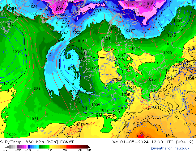 SLP/Temp. 850 hPa ECMWF mer 01.05.2024 12 UTC