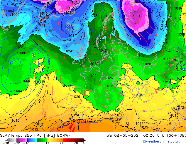 SLP/Temp. 850 гПа ECMWF ср 08.05.2024 00 UTC